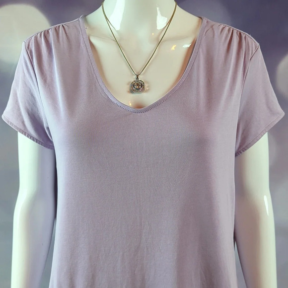 Green Tea sz M Asymmetrical Lavender Double Tiered Ruffle Oversized Stretch Top - Picture 2 of 7